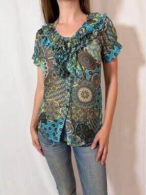 Mesh Ruffle Paisley Short Sleeve Y2K Blouse